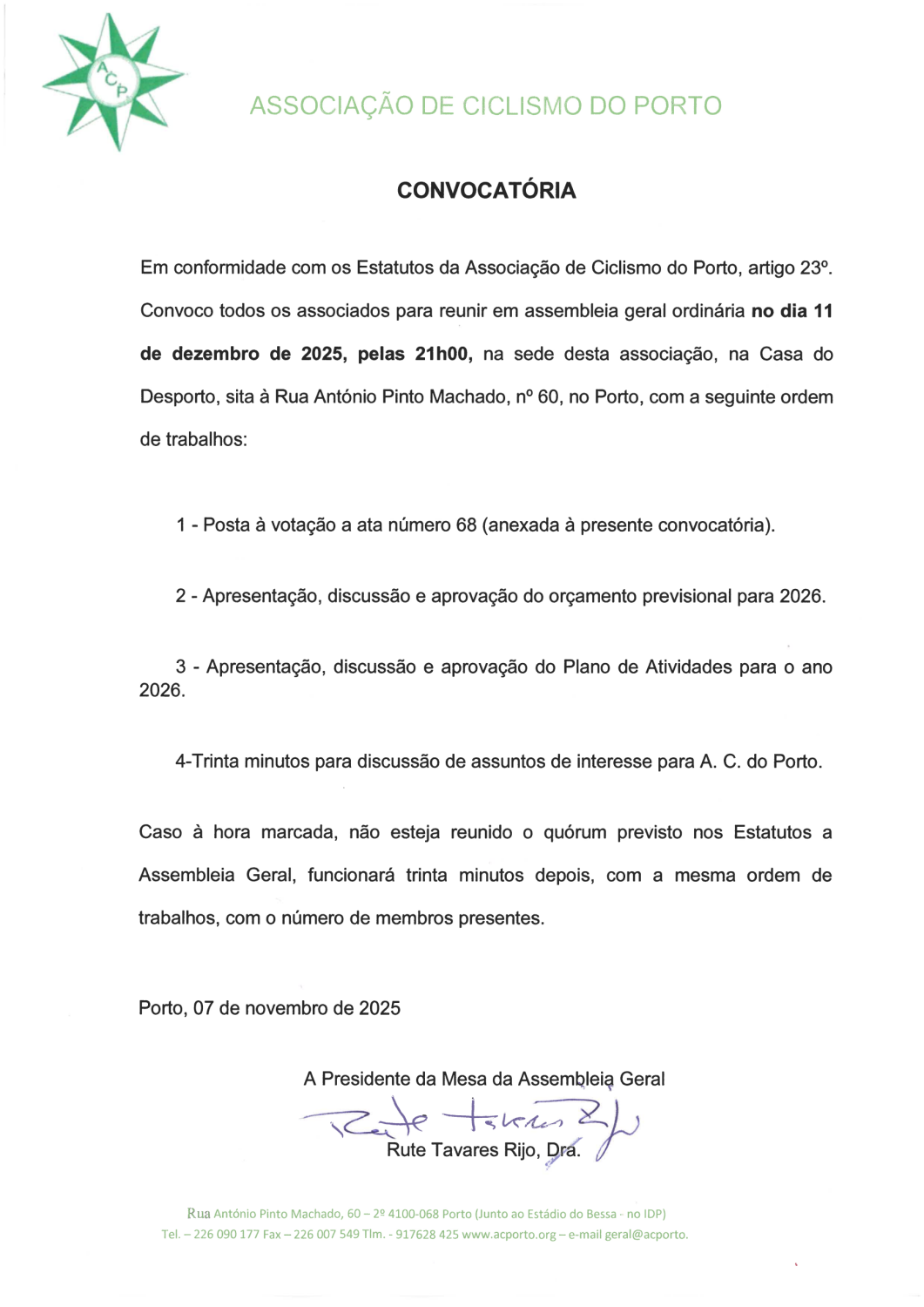 Convocatória para Assembleia Geral ACPorto